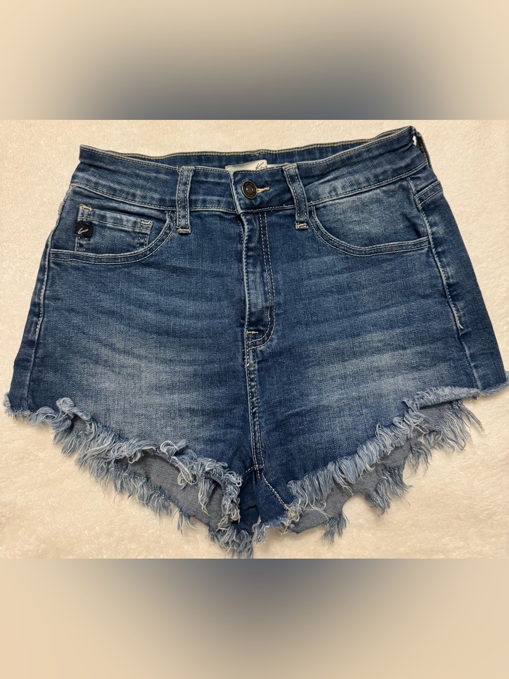 Rancan Distressed Mid-Blue Frayed Hem Denim Shorts